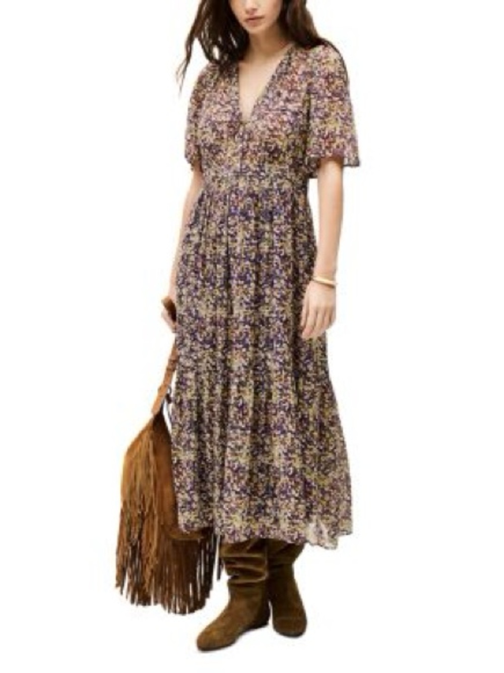 ba&sh Floral V-Neck Short Sleeve Maxi Dress